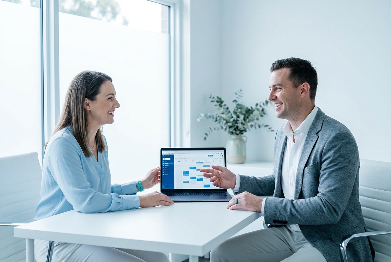 Practitioner walking a clinic owner through Simplified Practice on a laptop